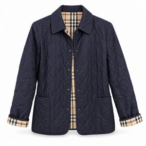 Burberry Quilted Jacket Women's Large, Navy Blue Diamond Quilt, Nova Check Trim